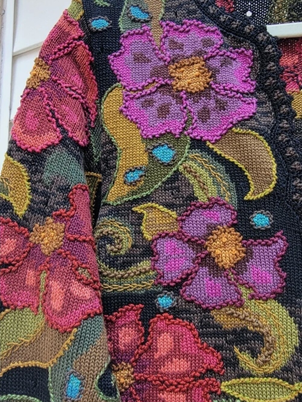 Peruvian Connection art knit handmade pima cotton cardigan XL floral Peru - Picture 14 of 16